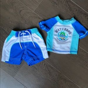 Old navy-swim shorts and rash guard.
